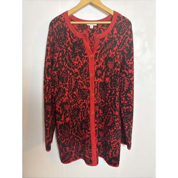 Isaac Mizrahi Live Womens Large Cardigan Red Black Button Up Long Whimsigoth - Picture 1 of 9
